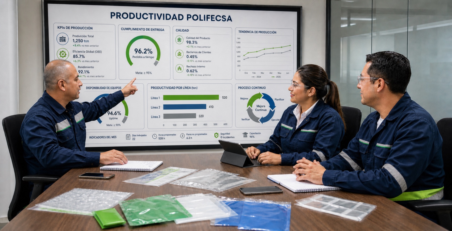 Reunión cerrada de Cultura POLIFECSA con equipo uniformado azul oscuro, tablero PRODUCTIVIDAD POLIFECSA y muestras de empaque